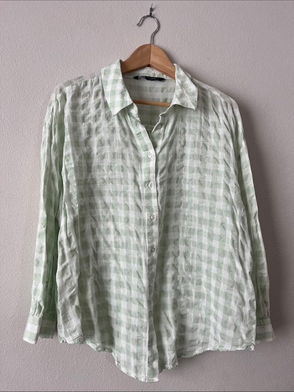 Zara Women's Oversized Light Green Gingham Button-Down Shirt S